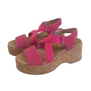 Dr. Scholls Pink Canvas Platform Cork Sandals Size‎ 7M Stretch Beach
